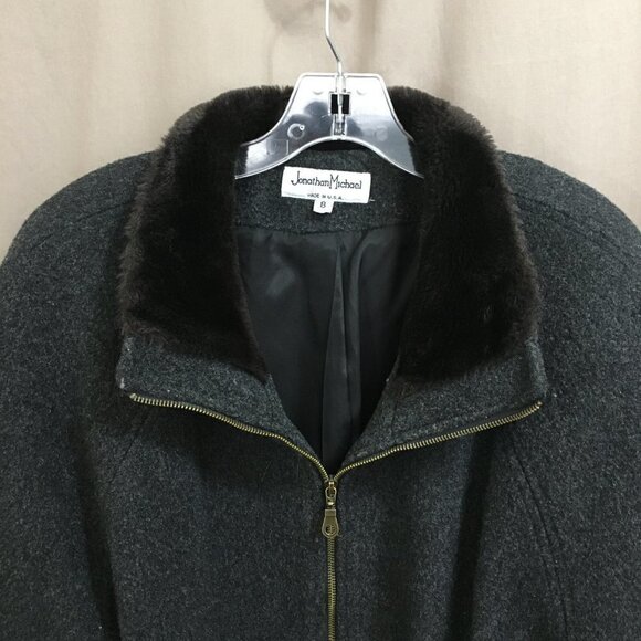 Vintage Y2K Winter Coat Gray Wool Faux Fur Collar Zip Front Belted Size 8 Made U - Picture 2 of 4
